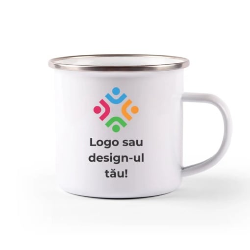 Cana metalica emailată personalizată cu logo și mesaj - ideal pentru companii
