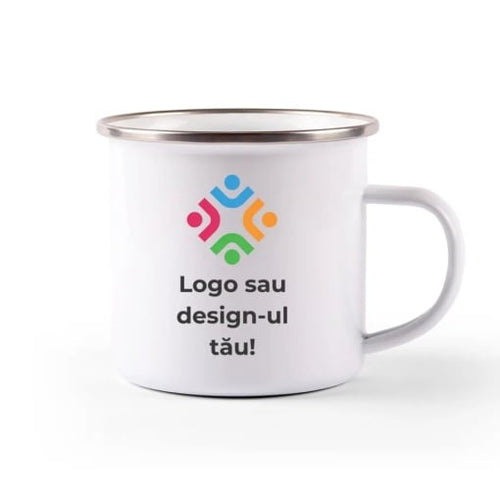Cana metalica emailată personalizată cu logo și mesaj - ideal pentru companii